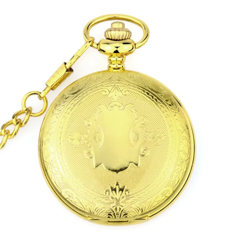 

Golden Flower Carved Case Black Dial Arabic Number Men's Hand Wind Mechanical Movement Pocket Watch with Fob Chain Best Gift