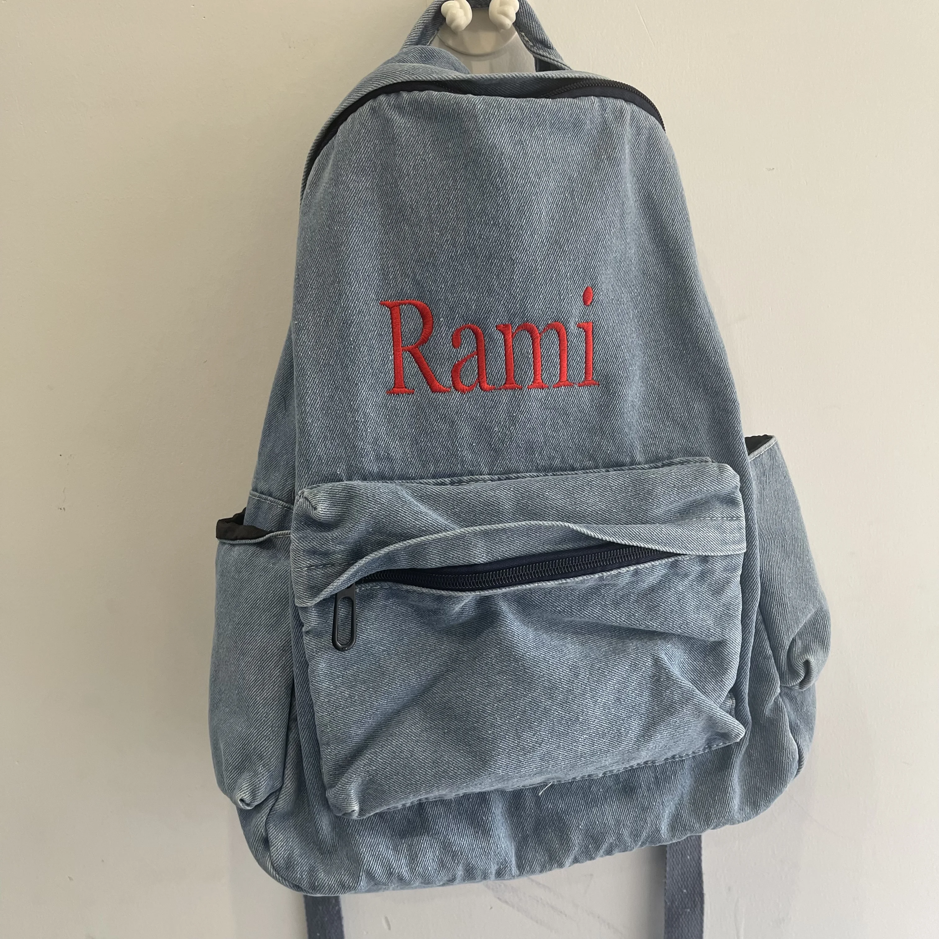 

Embroidered And Washed Denim Bag Personalized Custom Art retro And Minimalist College Backpack Travel High-capacity Gift Bag