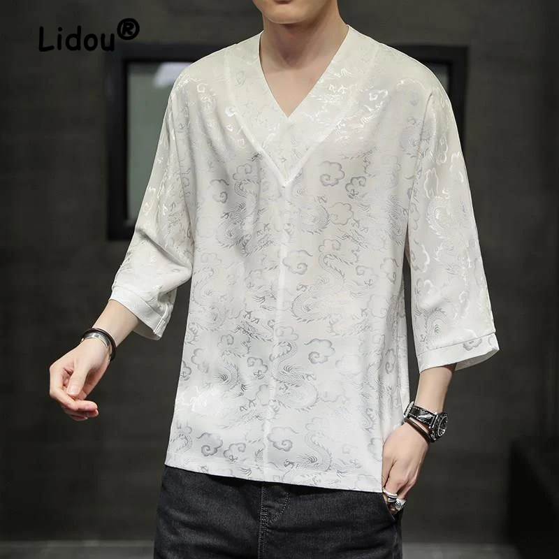 Casual Fashion Printing Chinese Style Man T-shirt New Summer Loose High Quality 3/4 Sleeve V-neck All-match Ice Silk Top 2022
Casual Fashion Printing Chinese Style Man T-shirt New Summer Loose High Quality 3/4 Sleeve V-neck All-match Ice Silk Top 2022
