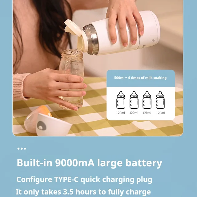 Bouilloire électrique portable sans fil, tasse chauffante, batterie aste, bouilloire d'isolation, bouteille de lait, tasse à eau pour bébé, 500ml, 9000mAh 2