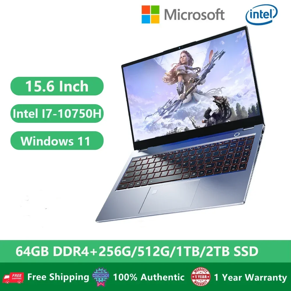 

Laptops Computer Gaming PC Office Notebooks Windows 11 Netbook 15.6" 10 Gen Intel I7-10750H Dual DDR4 64GB RAM 1TB SSD M.2 RJ45