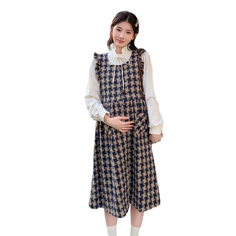 

2024 Spring Maternity Plaid Tank Dress Ruffles Patchwork Plus Size Pregnant Woman Sundress Preppy Style Pregnancy A-line Dresses