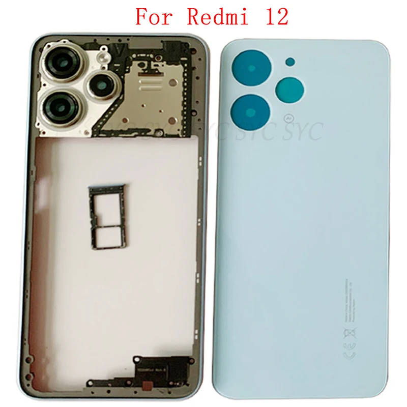 

Задняя крышка корпуса для Xiaomi Redmi 12, крышка аккумулятора со средней рамкой, рамка для камеры, лоток для Sim-карты, запасные части