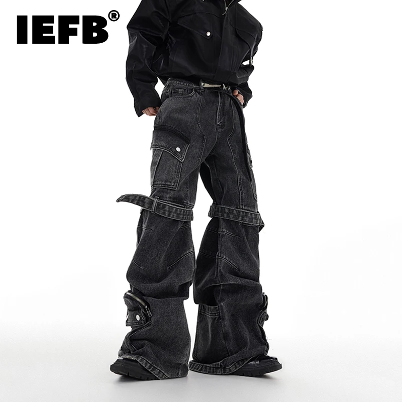 

IEFB Mens's Baggy Jeans Washed Multi Pocket Jean Overalls Strap Design Wide Leg Workwear Denim Pants 2023 New Darkwear 24X1350