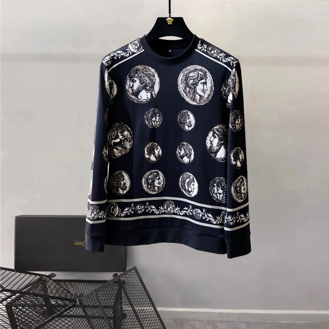 

Europe and the United States men's 2023 winter new Long sleeve round neck palace vintage print Fashionable velvet hoodie