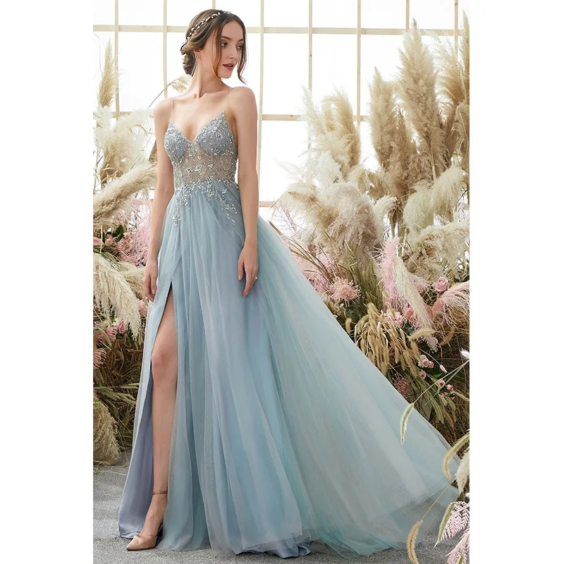 

Spaghetti Straps Beading Formal Prom Gowns with Slit robe de soiree New Arrival Evening Dresses Sexy V-Neck Rhinestones