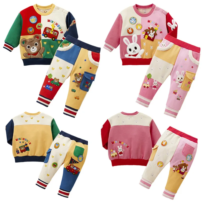 

Boy's Clothes Set Autumn and Winter New Girls Cartoon Bear Cute Bunny Badge Spliced Sweatshirt Sweatpants New Year's Dress