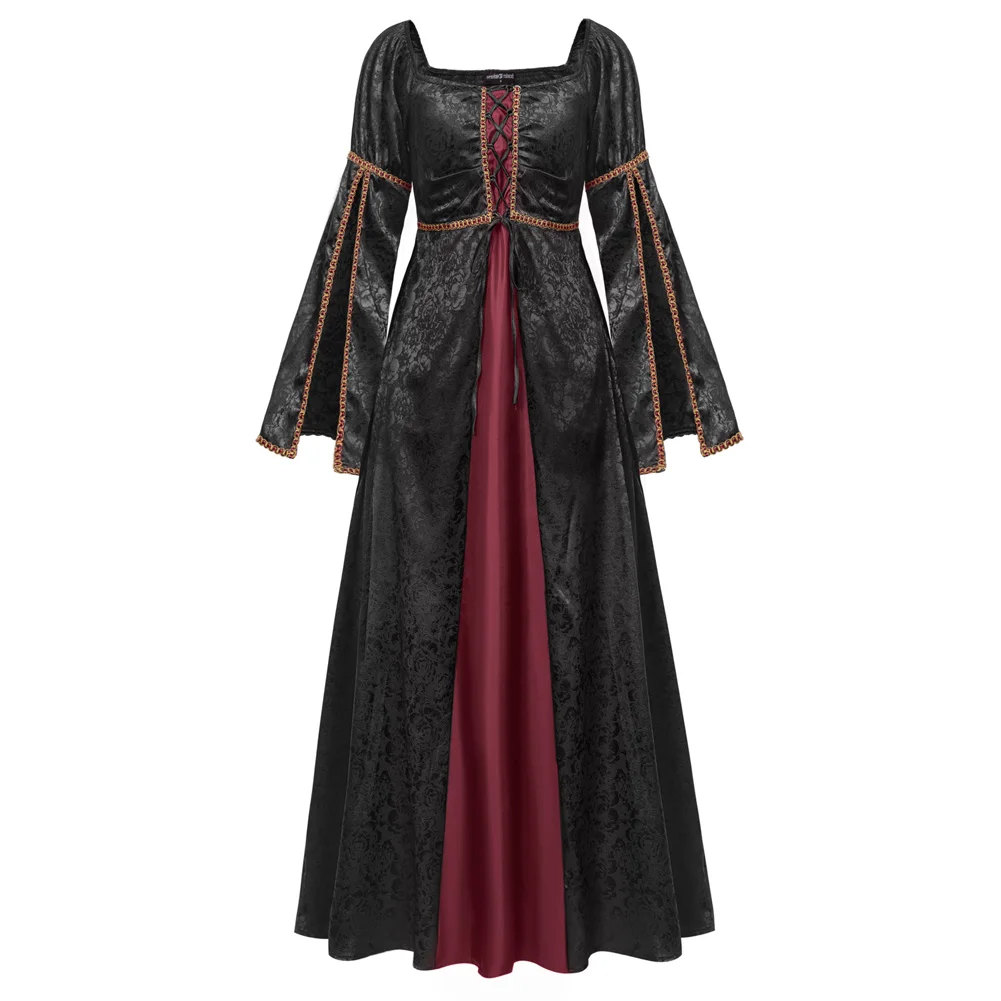 

SD Women Renaissance Contrast Color Dress Long Sleeve Off Shoulder A-Line Dress Medieval Ball Gown Split Sleeve Dresses