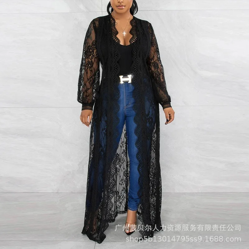 

2023 Y2K INS Clothes Sexy Long Sleeve V Neck Hollow Out Long Dress Crochet Lace Scallop Trim Longline Coat for Women