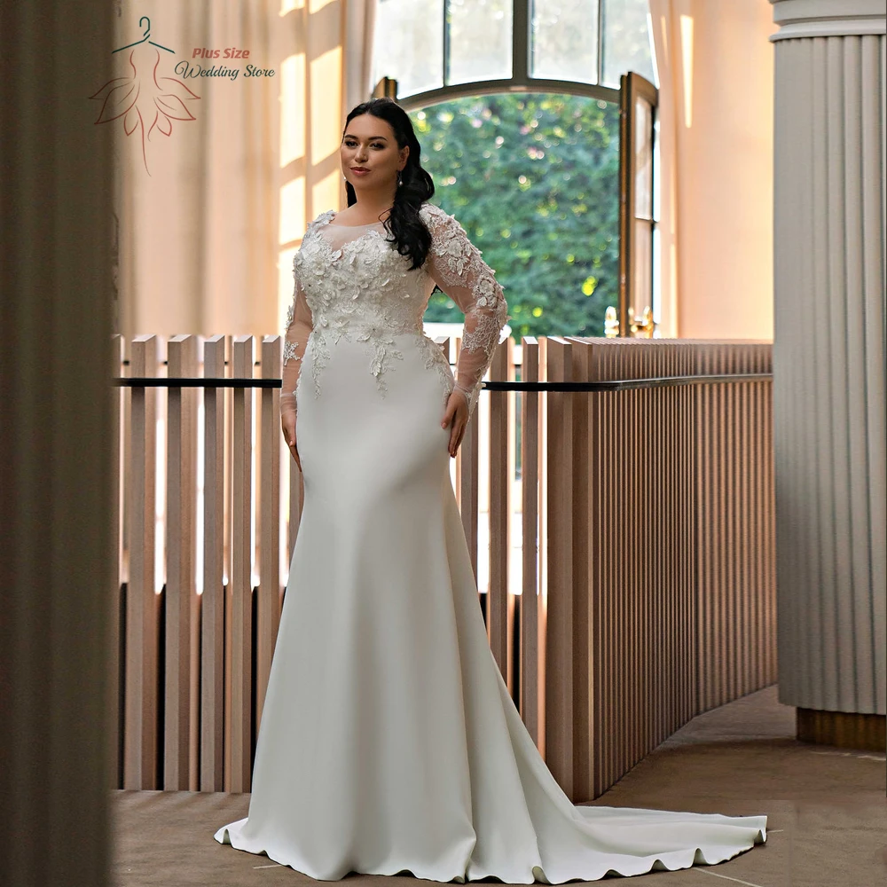 

Classic Wedding Dresses Plus Size O Neck Illusion Long Sleeves Bride Gowns Lace Appliques Floor Length Mermaid Vestido De Noiva