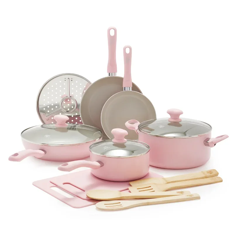 

LISM Ceramic Nonstick Pink 15pc Set Cookware Sets Pots and Pans