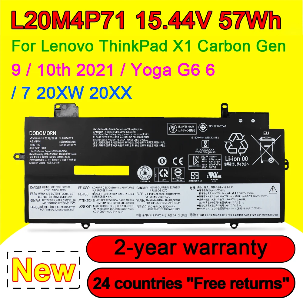 For Lenovo ThinkPad X1 Carbon Gen 9/10th 2021,Yoga G6 6th Gen 20XW 20XX L20M4P71 L20L4P71 L20C4P71 L20D4P71 Battery 15.44V 57Wh
For Lenovo ThinkPad X1 Carbon Gen 9/10th 2021,Yoga G6 6th Gen 20XW 20XX L20M4P71 L20L4P71 L20C4P71 L20D4P71 Battery 15.44V 57Wh