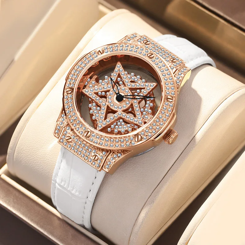 

UTHAI L99 Women's Watch Wheel 360 ° Rotation Five Star Hollow Full Diamond Luxury Full Sky Star Waterproof Female Clock Watches
