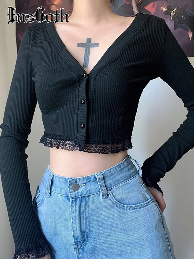 InstaHot Autumn Vintage Gothic Lace Black Cardigan Harajuku Sexy V Neck Long Sleeve Crop Top Women Knitted Button Up Cardigan
InstaHot Autumn Vintage Gothic Lace Black Cardigan Harajuku Sexy V Neck Long Sleeve Crop Top Women Knitted Button Up Cardigan