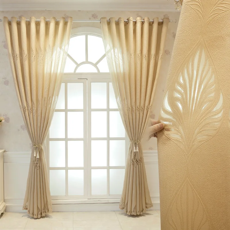 

Simple Modern Yellow Leaf Curtains for Living Dining Room Bedroom Gauze Jacquard Hollow Light-transmitting Opaque Balcony Custom