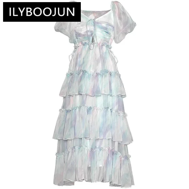 

ILYBOOJUN Fashion Women's New Vintage V-Neck Gradient Printed Lace-Up Pleated Cake Gown Dress Elegant Chic Pretty MIDI Dresses