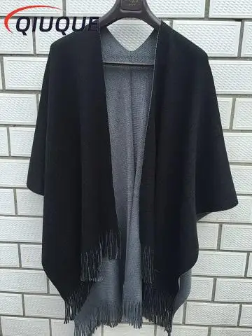

New Fashion Oversized Loose Overwear Knitted Cashmere Poncho Capes Coat Duplex Tassel Shawl Cardigans Women's Sweaters