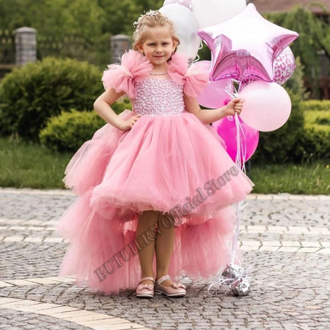 

Pink Puffy Flower Girl Dresses With Detachable Train Girls Pearls Couture Birthday Wedding Party Dresses Costumes Customised