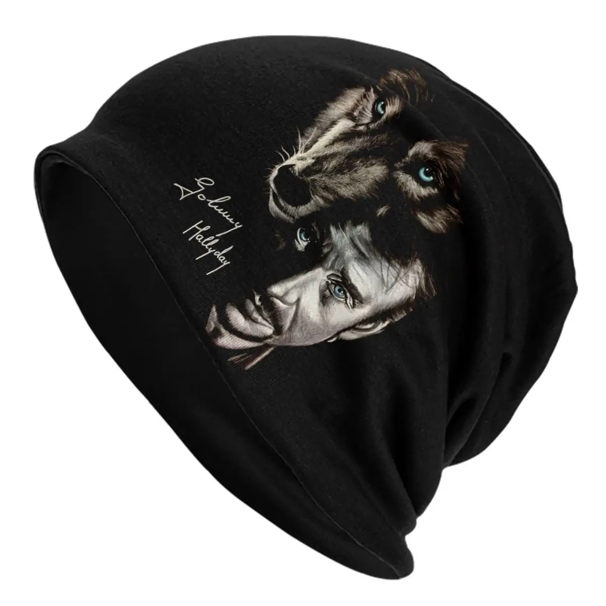 

Johnny Hallyday And Wolf Beanie Cap Winter Warm Bonnet Homme Knitting Hats France Singer Rock Star Skullies Beanies Hats