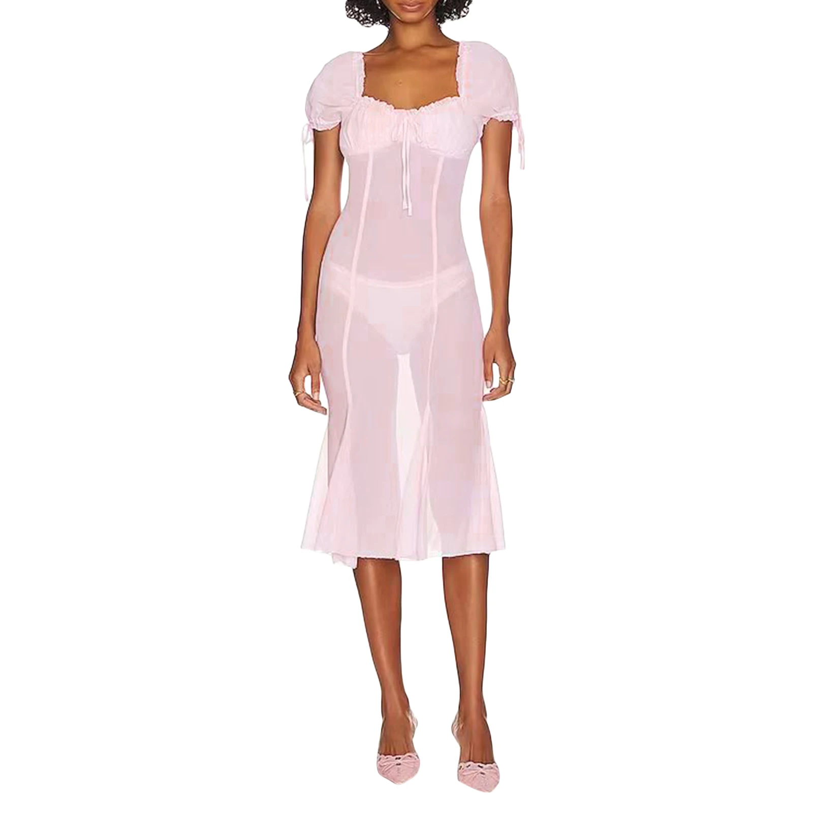 Women Midi Bodycon Dress Solid Color Mesh See-Through Sweetheart Neckline Puff Sleeve Tight Dress Summer Backless Party Dress
Women Midi Bodycon Dress Solid Color Mesh See-Through Sweetheart Neckline Puff Sleeve Tight Dress Summer Backless Party Dress