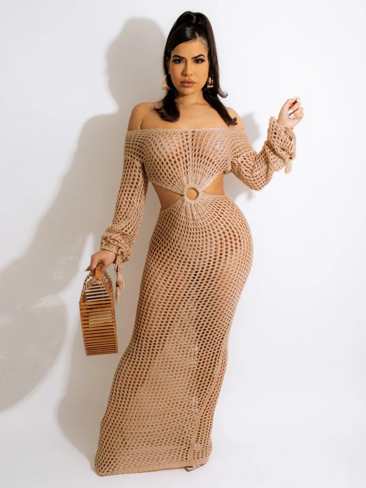 

JRRY Sexy Women Knitted Dresses Deep V Neck Tassels Sleeves Crochet Dress Cover Ups Hollow Out Crocheted Beach Skirt Cover Ups