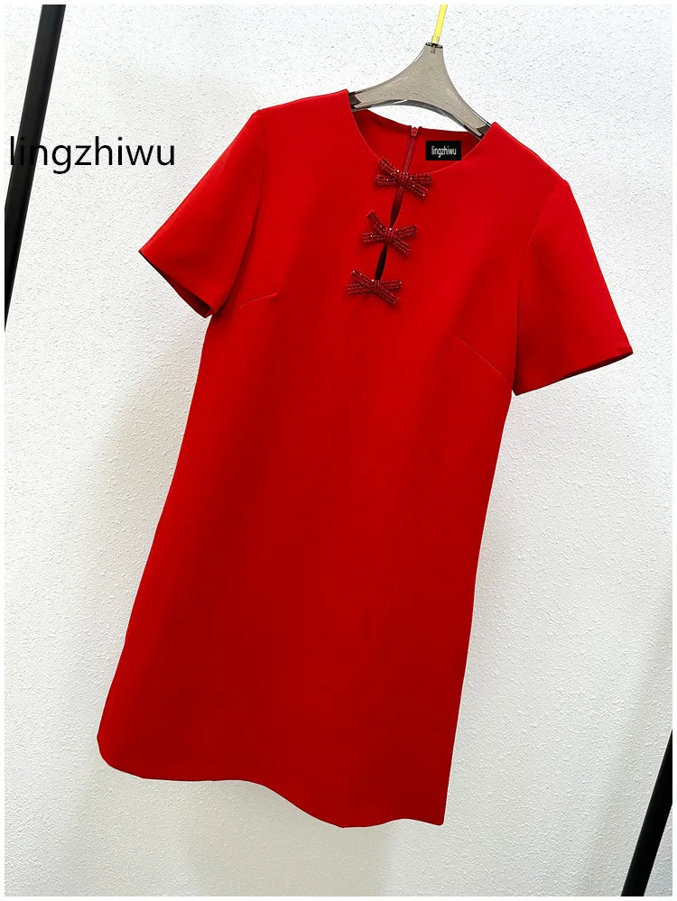 

lingzhiwu Dress French Diamond Bow Design Top Quality Dresses Slim 2024 Elegant New Arrive