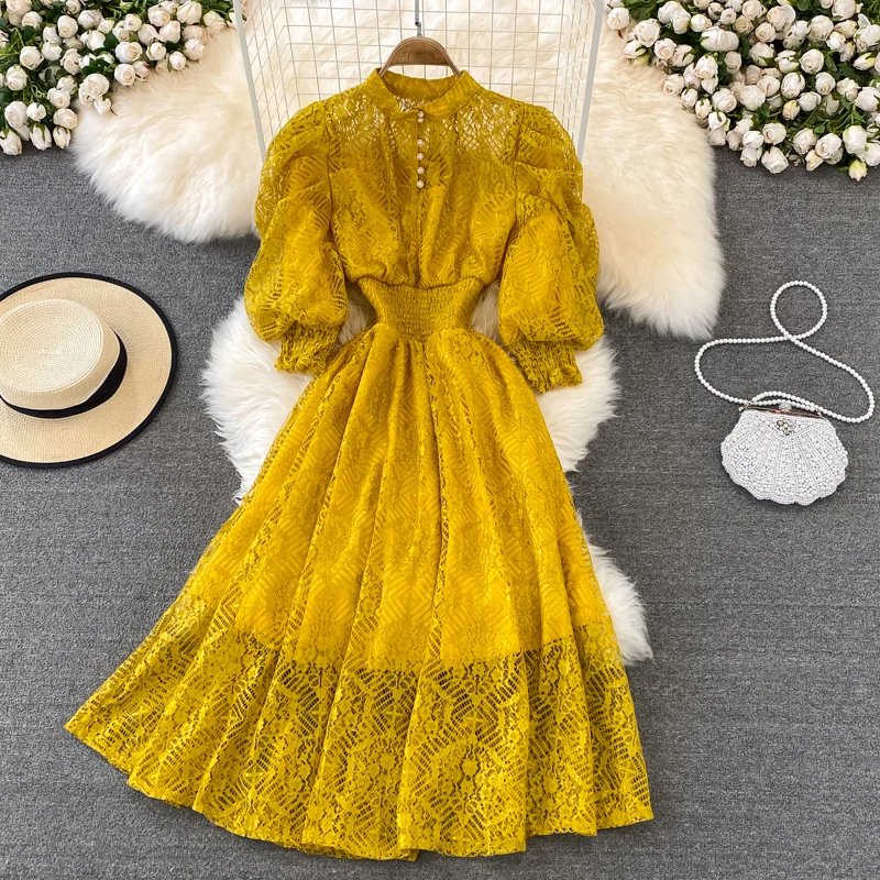 ZCWXM 2022 Spring Summer Party Dress Women Hollow Out Lace Dress Elegant Puff Sleeve Robe Stand Collar Elastic Waist Vestidos
ZCWXM 2022 Spring Summer Party Dress Women Hollow Out Lace Dress Elegant Puff Sleeve Robe Stand Collar Elastic Waist Vestidos
