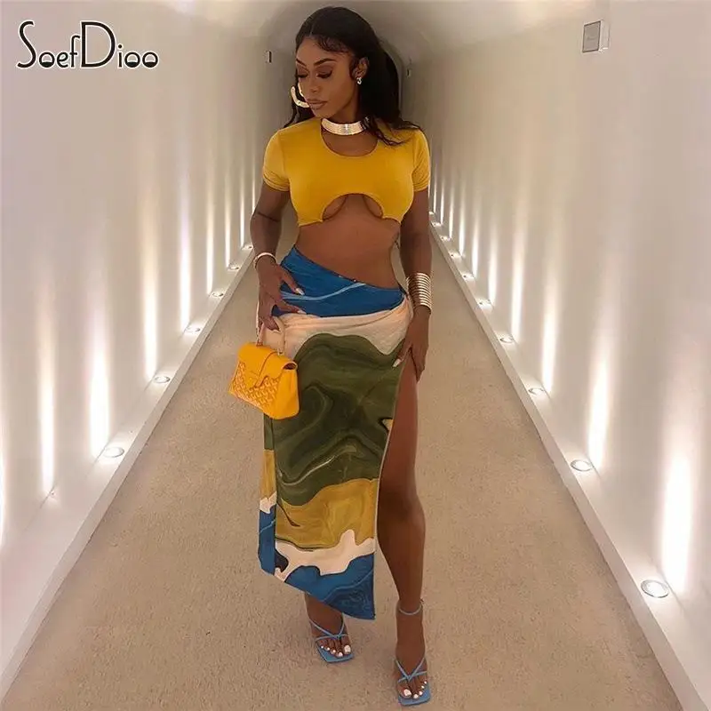 

Soefdioo Tie Dye Prints Sexy Stunning High Waist Side Split Bodycon Maxi Skirts Women Fall 2023 Fashion Vintage Streetwear