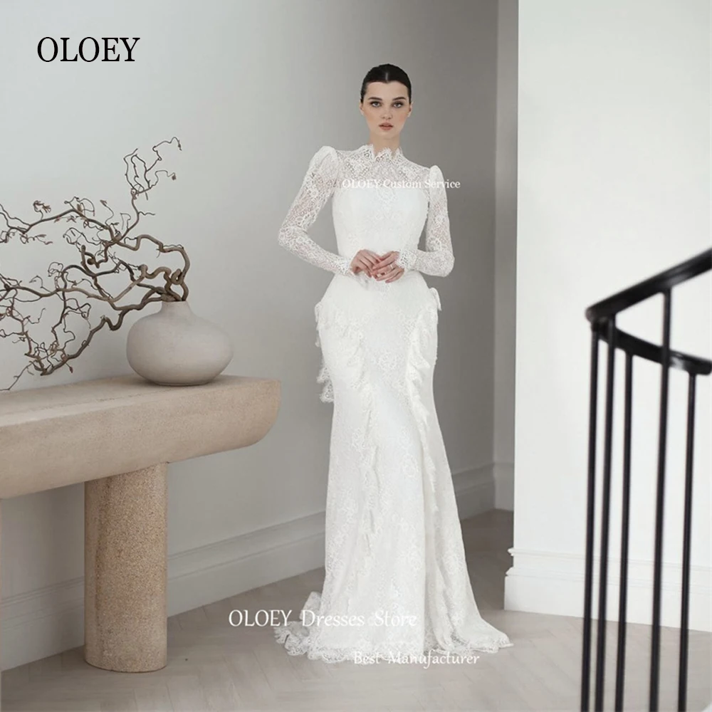 

OLOEY Modest Full Lace Mermaid Wedding Dresses Long Sleeves High Neck Dubai Arabic Women Elegant Bridal Gowns Robe de mariage