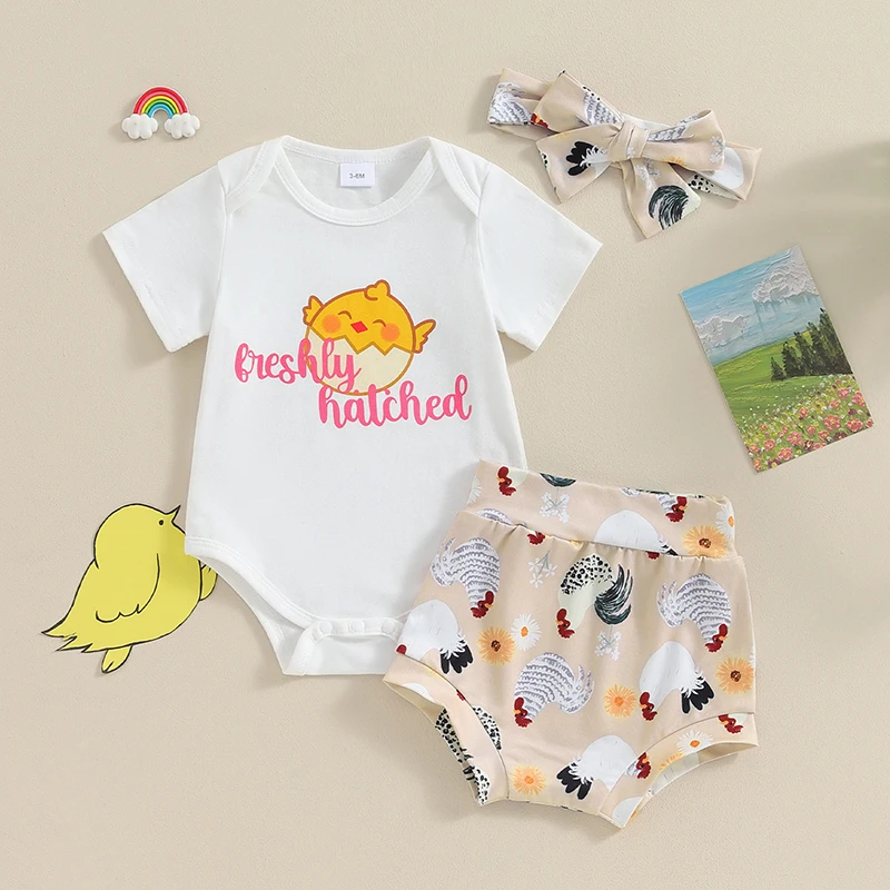 

2023-11-20 Lioraitiin 0-18M Baby Girls Clothes Set Short Sleeve Letters Print Romper Chicken Print Shorts Hairband Easter Outfit