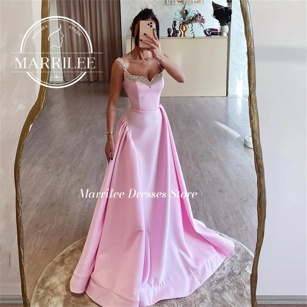 

Marrilee Princess Pink Beadings Spaghetti Straps Stain Evening Dresses Sweetheart A-Line Floor Length Sleeveless Prom Party Gown