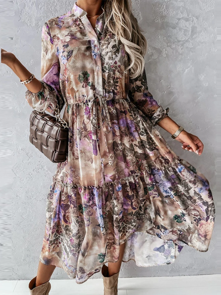 

Spring Summer Dresses for Womens 2023 New Fashion Printed Double Layered Collar Loose Fitting Long Sleeved Chiffon Elegant Dress