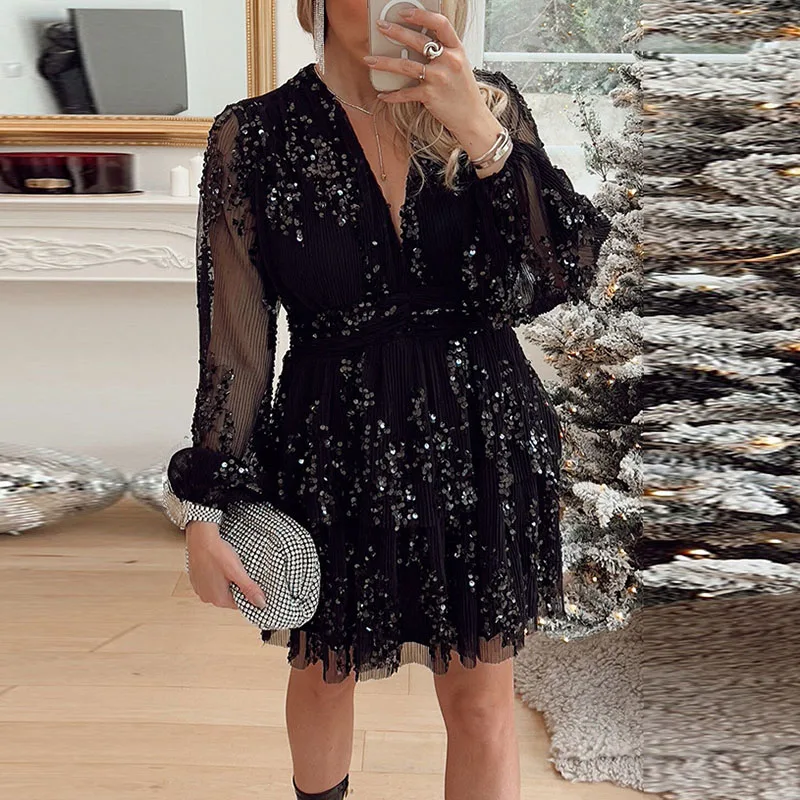 Fashion Sequin Waist Layered Party Dress Women Sexy Deep V-neck Waist Pleated Mini Dress Casual Lace Long Sleeve A-Line Dresses
Fashion Sequin Waist Layered Party Dress Women Sexy Deep V-neck Waist Pleated Mini Dress Casual Lace Long Sleeve A-Line Dresses