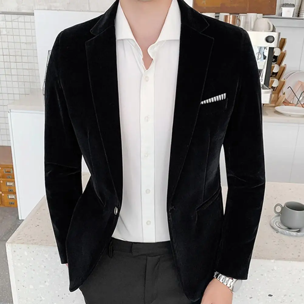 

Stylish Men Blazer Temperament Suit Jacket Turndown Collar Velvet Lapel Suit Coat Fine Stitching