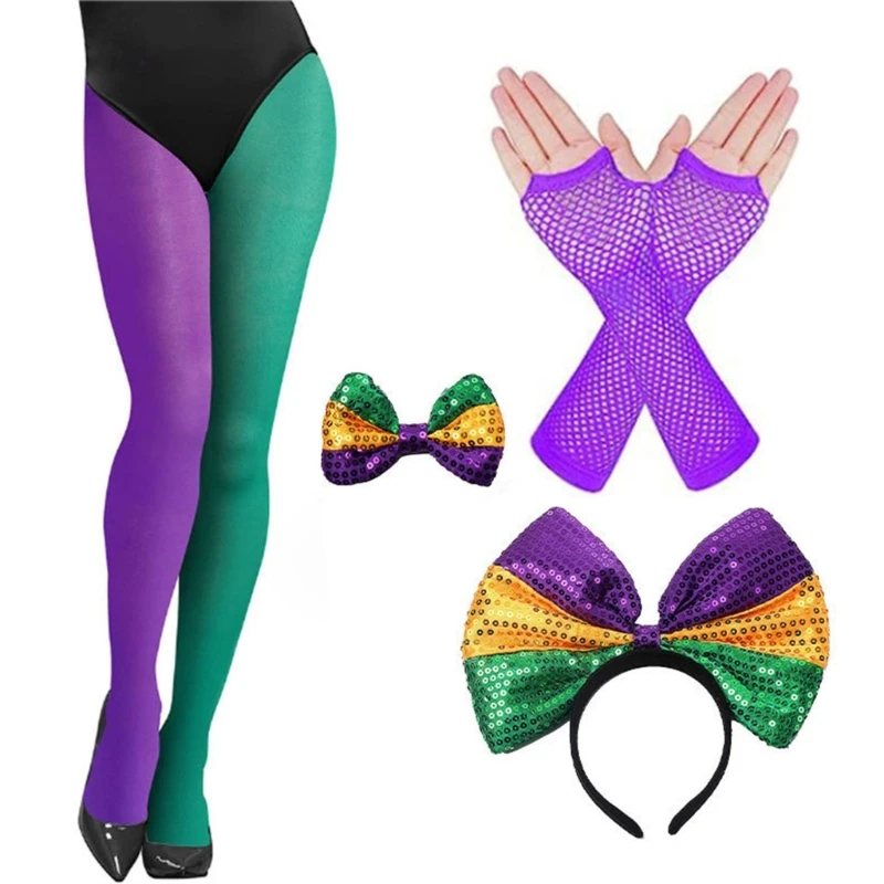 

Mardi Gras Costume Accessory Set Bows Headband Tricolor Tights Pantyhose Bowtie Fishnet Gloves for Womens Girls Gifts