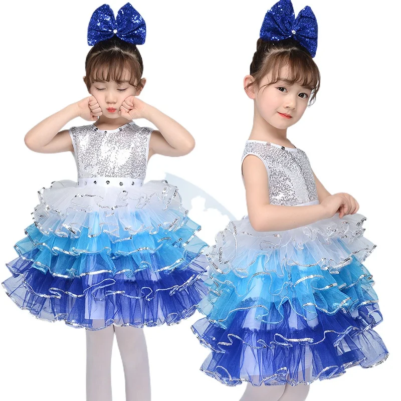 

Children's performance clothing for Kindergarten princess dress sequins fluffy skirt small lotus style snowing holographic