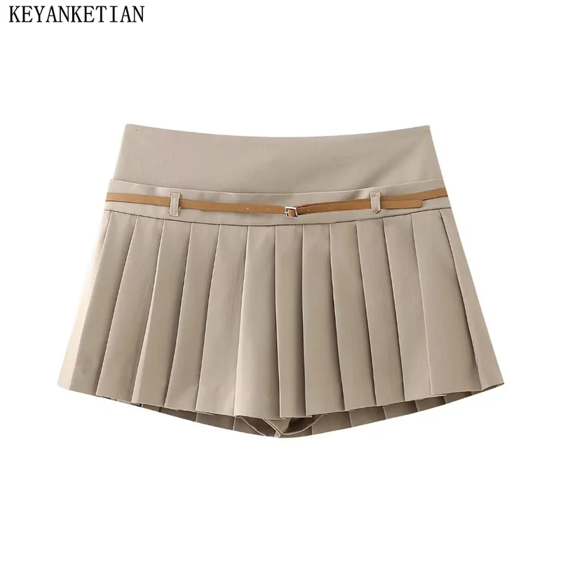 

KEYANKETIAN 2024 New Launch Women With Belt Decoration Pleated Skirt Spring Preppy Style Zipper High waist Y2K Mini Skirt Skort