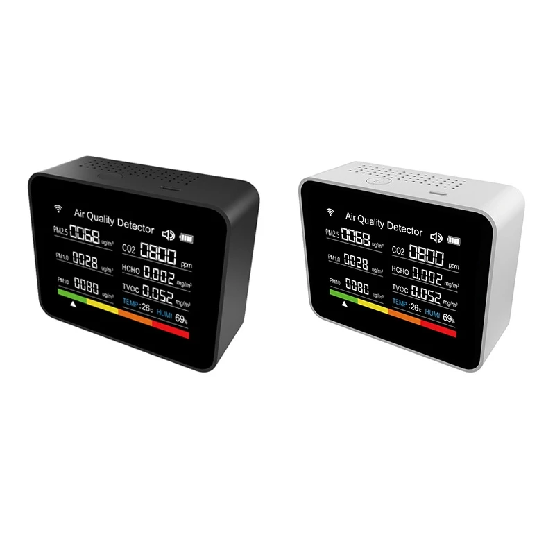 

Монитор качества воздуха CO2/TVOC/HCHO/PM2.5/PM1.0/PM10, прибор для контроля качества воздуха, 13 в 1, с Wi-Fi, для измерения температуры, влажности, времени, даты, будильника, таймера
