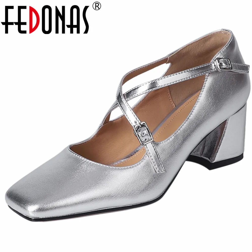 

FEDONAS Women Pumps Thick Heels Square Toe Genuine Leather Shoes Woman Buckle Strap Spring Summer Office Lady Mary Janes Pumps
