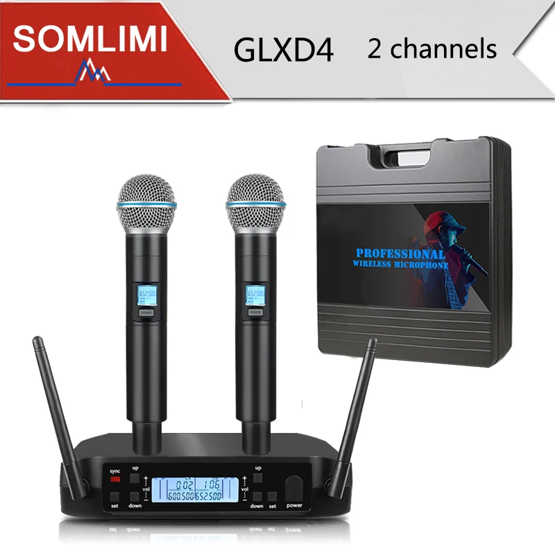 Беспроводной микрофон SOMLIMI для караоке GLXD4 пластиковый чехол УВЧ динамическая капсула 2 канала для конференций, преподавания, выступлений