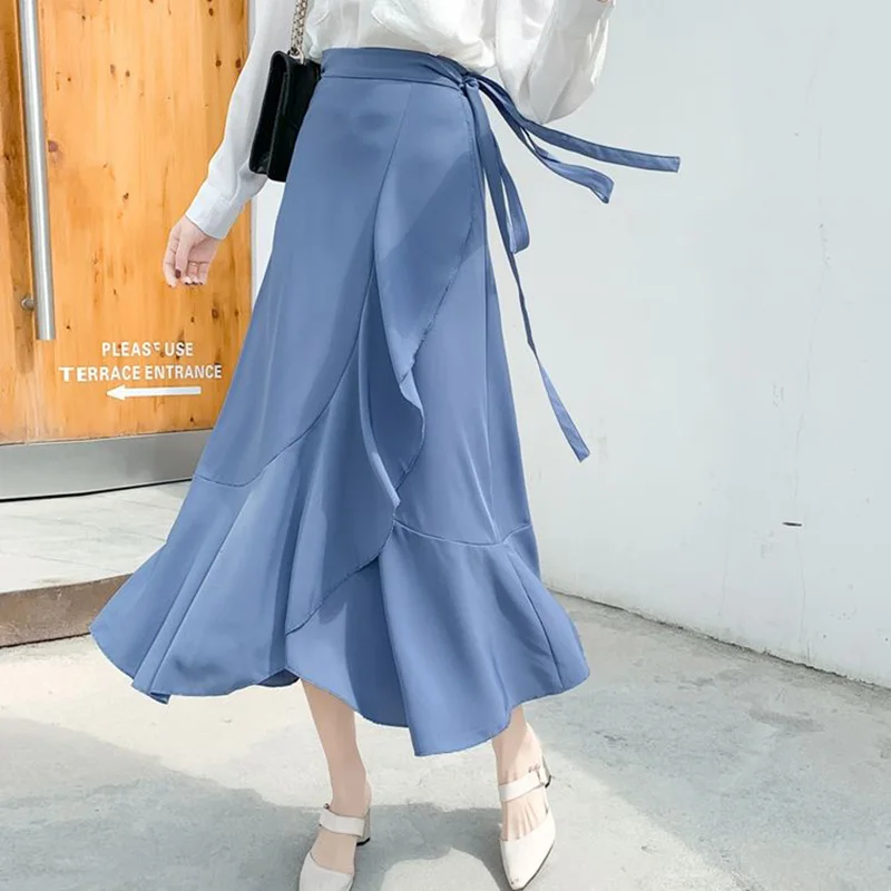 

Elegant Fashion Ruffles Bandage Mermaid Skirt 2023 Summer New Office Lady Commute All-match High Waist Asymmetrical Midi Skirts