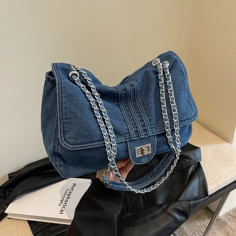 

Промытая джинсовая сумка через плечо для подмышек, новинка 2024, модная сумка через плечо с цепочкой для женщин, вместительные сумки-тоуты для поездок, кошельки и сумочки