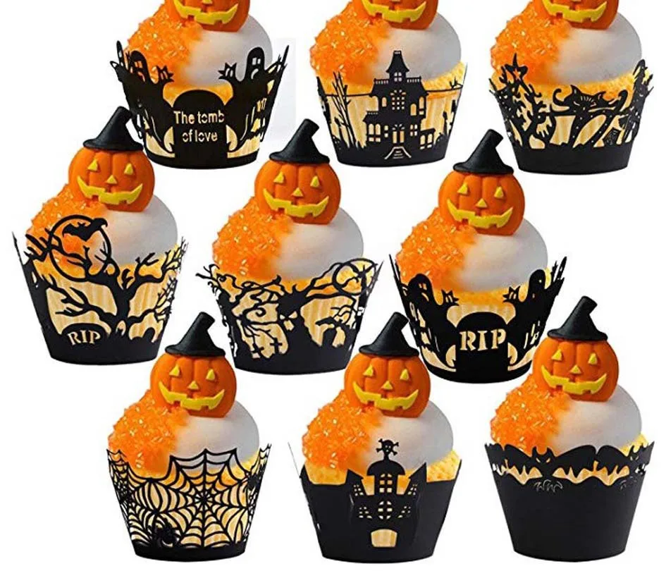 

Halloween Hollow Out Cupcake Surround Black Spider Web Castle Witch Cake Rim Happy 2023 Halloween Day Ghost Festival Party Decor