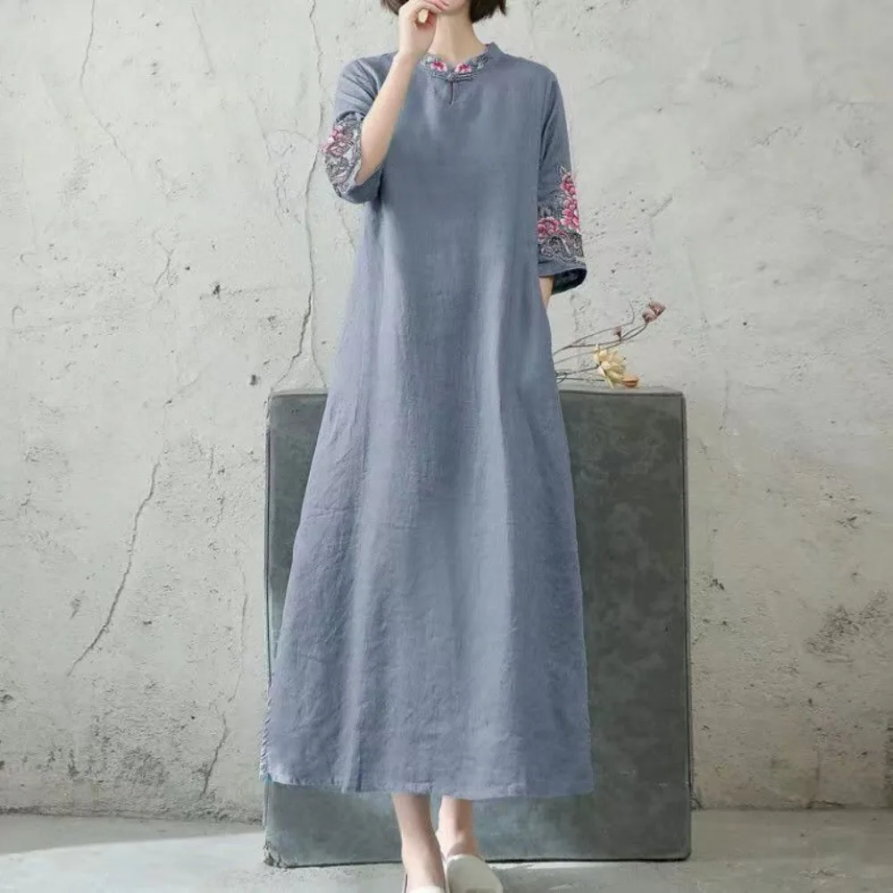 

Women's Casual Cheongsam Mid-length Qipao Mujer Vintage Cotton Linen Half Sleeve Traditional Chinese Woman Dress