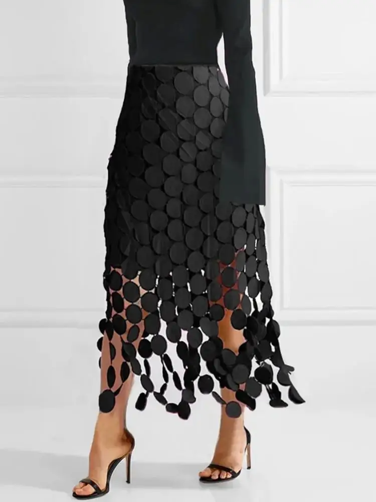 

Modigirl Women's Fashion Hollow Polka-Dot Tasseled High Waist Skirts Casual Simple Office Elegant Black Midi Skirts