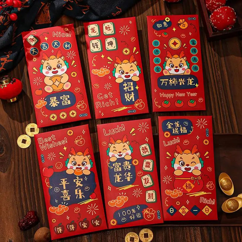 

6PCS Chinese New Year Red Envelopes Cartoon 2024 Dragon Year Hongbao Spring Festival Money Pockets Wedding Lucky Packets Gifts