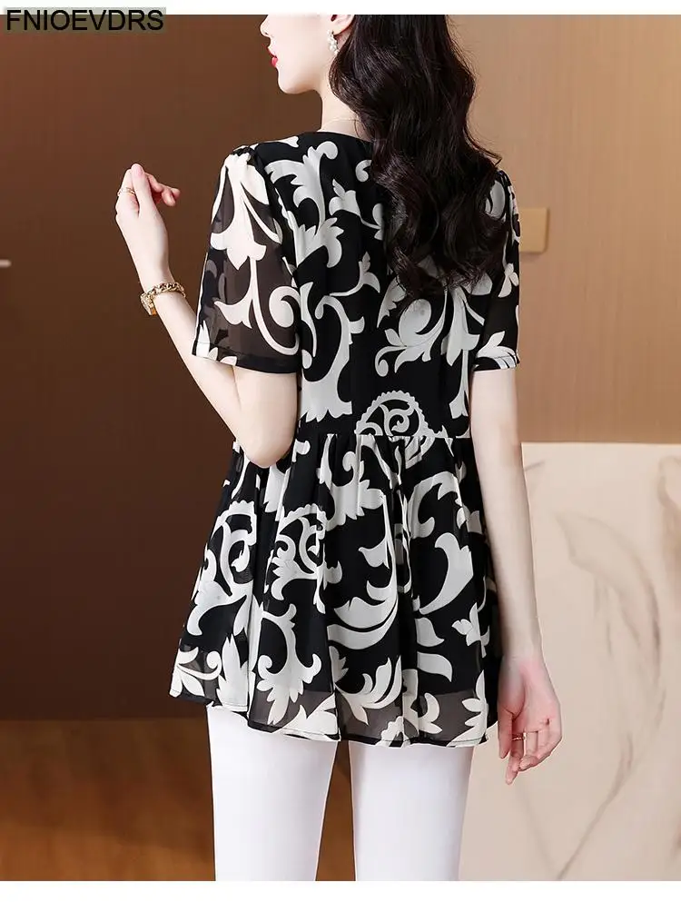 L-5XL Loose Clothes 2024 Women Summer Elegant Ruffles Button Shirts Retro Patchwork Black Floral Tunic Peplum Tops And Blouses L-5XL Loose Clothes 2024 Women Summer Elegant Ruffles Button Shirts Retro Patchwork Black Floral Tunic Peplum Tops And Blouses