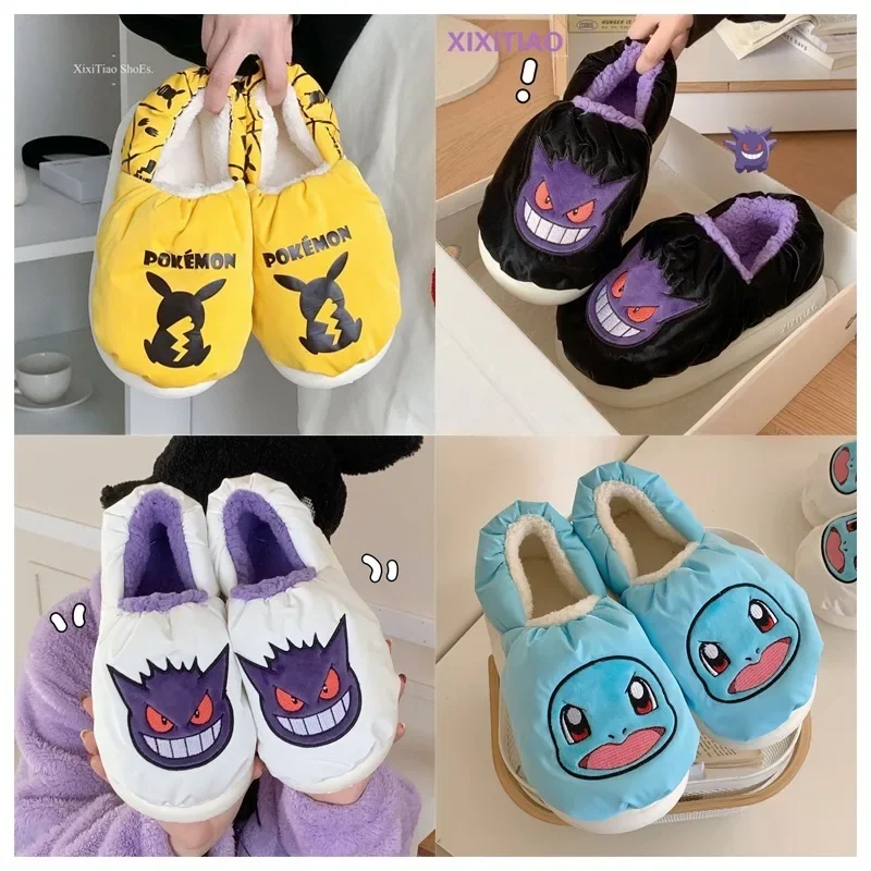 

Pokemon Pikachu Gengar Squirtle Funny Printed Thickened Plush Slippers Kawaii Autumn Winter Warm Home Shoes Couple Slippers