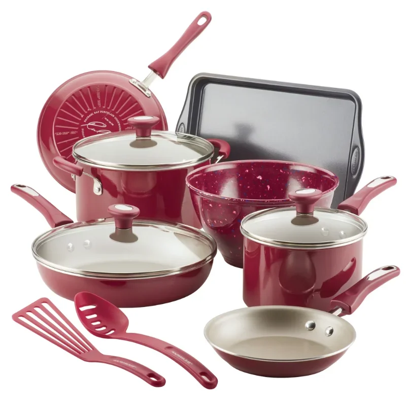 

Andralyn 12-Piece Get Cooking! Nonstick Pots and Pans Set, Cookware Set, Burgundy cookware set non stick
