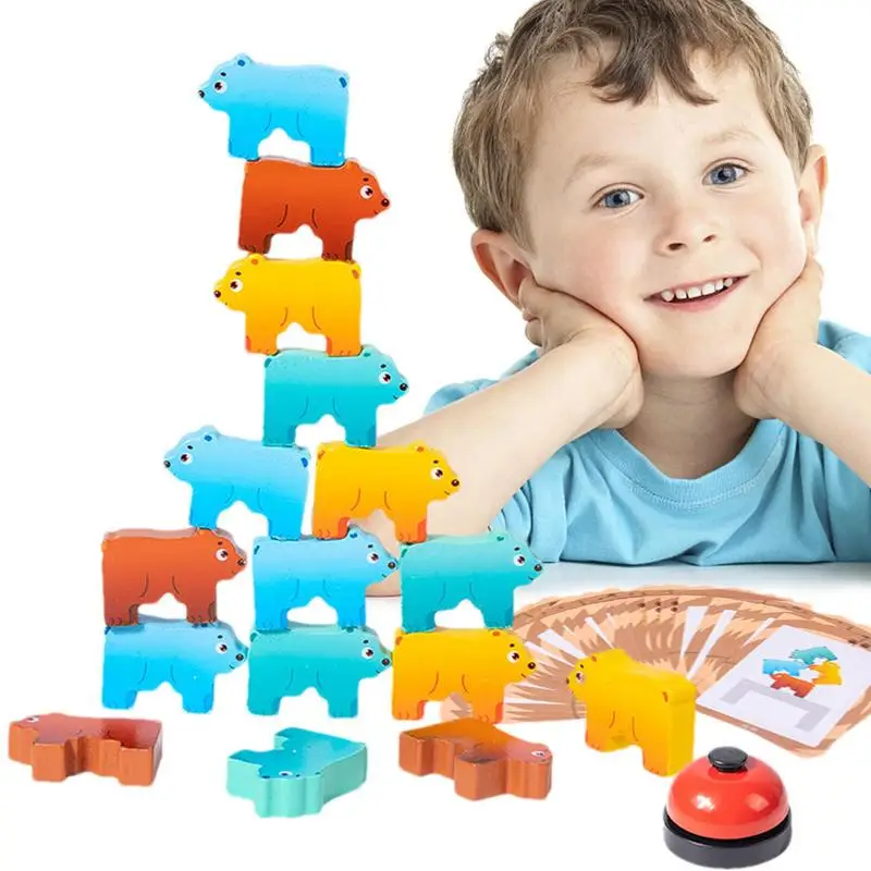 

Animal Building Toys Wooden Montessori Bear Stacking Game Colorful Stacker With Bell & 40 Game Cards Cute Portable Toy For Home